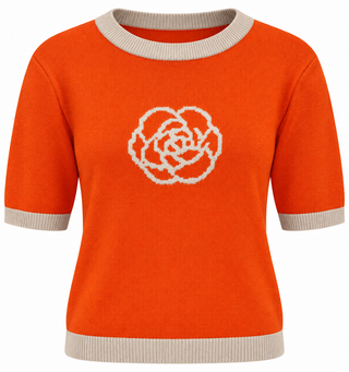 Contrast Bloom Short Sleeve Italian Knit top- Orange