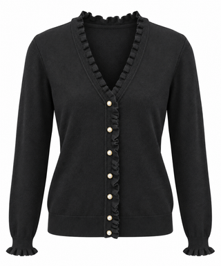 Pearl Ruffle Cardigan- Black