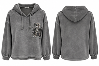 Sparkle Patch Italian Hoodie Top- Washed Grey