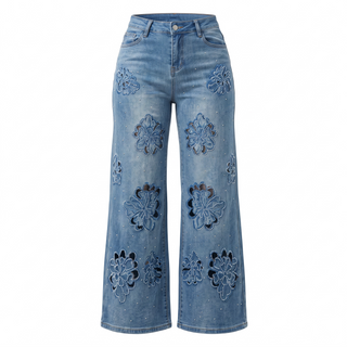 Rhinestone Floral Patch Wide Leg Jeans