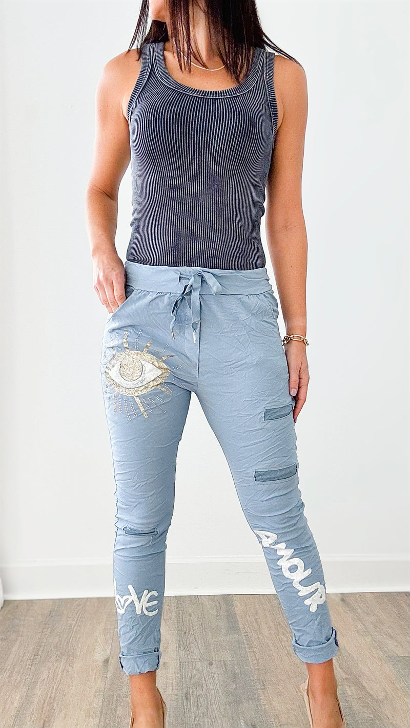 Amour Eye Italian Jogger Pant - Dusty Blue-180 Joggers-Look Mode-Coastal Bloom Boutique, find the trendiest versions of the popular styles and looks Located in Indialantic, FL