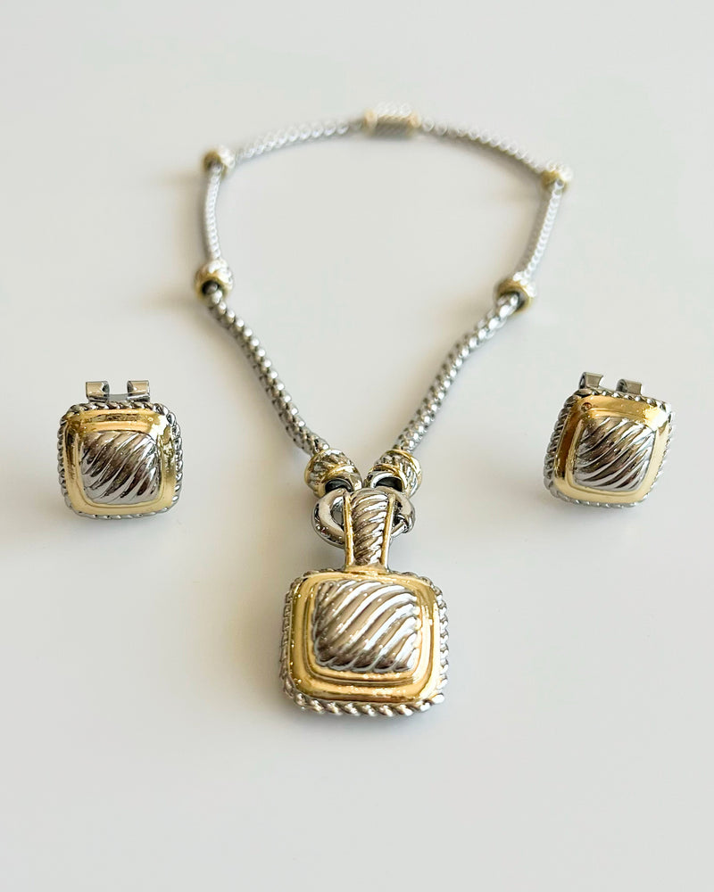 Chunky Two Tone Square Pendant Necklace Set-230 Jewelry-NYW-Coastal Bloom Boutique, find the trendiest versions of the popular styles and looks Located in Indialantic, FL