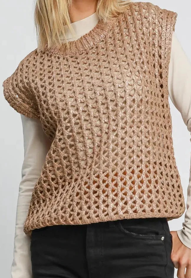 Luna Foil Knit Vest - Rose Gold-150 Cardigans/Layers-Umgee-Coastal Bloom Boutique, find the trendiest versions of the popular styles and looks Located in Indialantic, FL