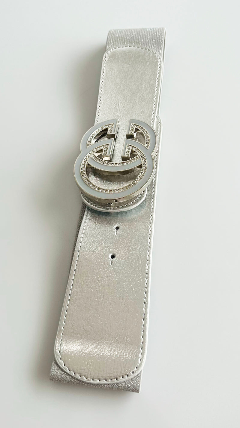 CZ Double C Buckle Elastic Belt - Silver-260 Other Accessories-ICCO ACCESSORIES-Coastal Bloom Boutique, find the trendiest versions of the popular styles and looks Located in Indialantic, FL