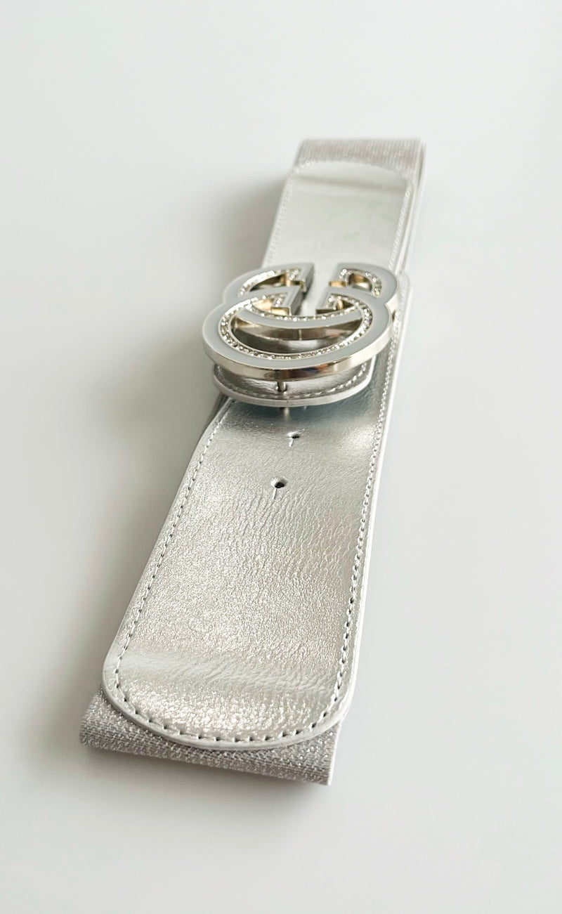 CZ Double C Buckle Elastic Belt - Silver-260 Other Accessories-ICCO ACCESSORIES-Coastal Bloom Boutique, find the trendiest versions of the popular styles and looks Located in Indialantic, FL