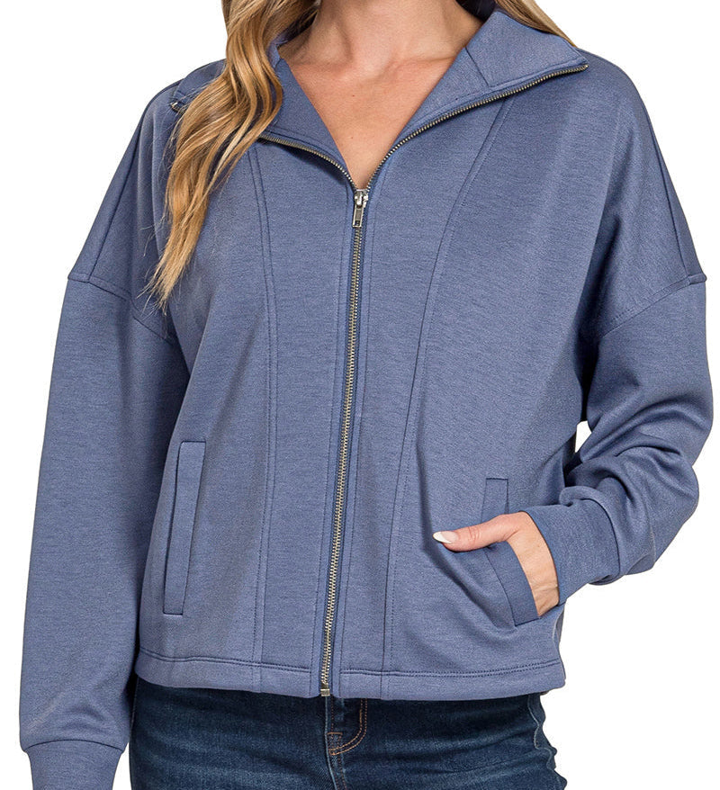 City Glow Scuba Jacket - Blue Indigo-160 Jackets-Zenana-Coastal Bloom Boutique, find the trendiest versions of the popular styles and looks Located in Indialantic, FL