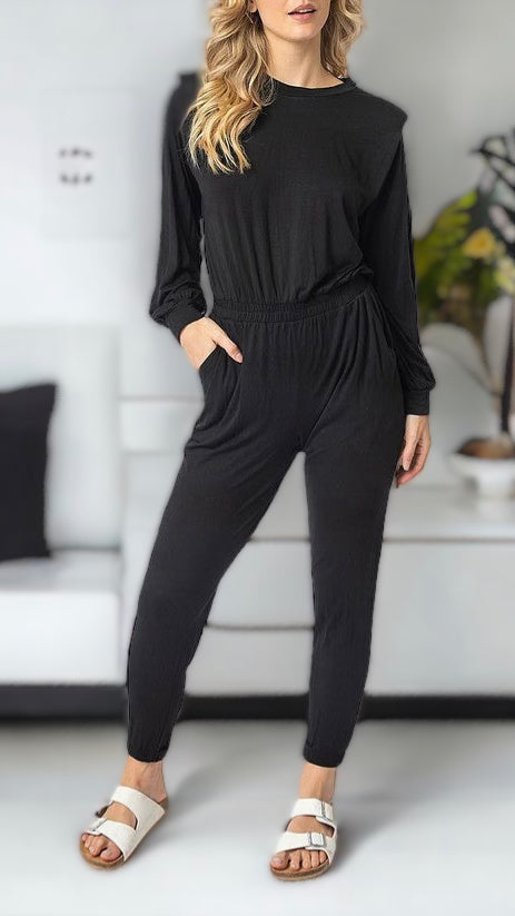Shoulder Pad Long Sleeve Jumpsuit-200 dresses/jumpsuits/rompers-Rousseau-Coastal Bloom Boutique, find the trendiest versions of the popular styles and looks Located in Indialantic, FL