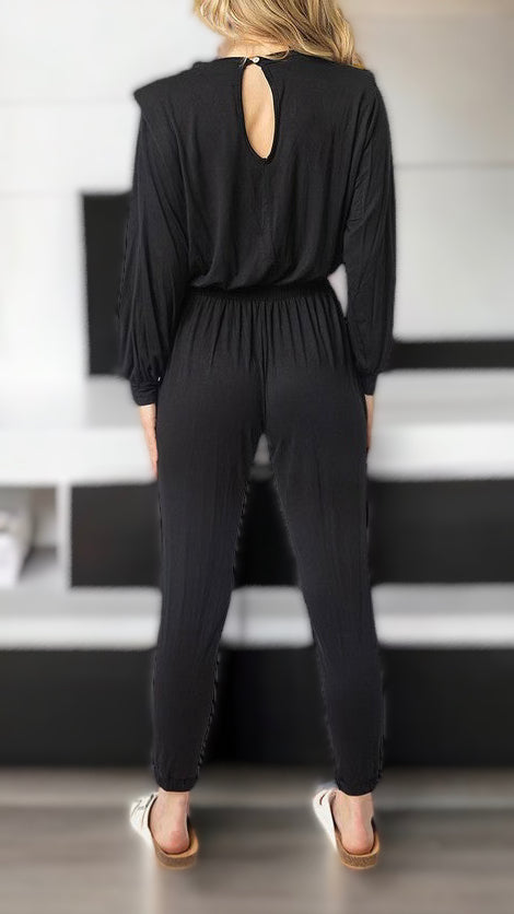 Shoulder Pad Long Sleeve Jumpsuit-200 dresses/jumpsuits/rompers-Rousseau-Coastal Bloom Boutique, find the trendiest versions of the popular styles and looks Located in Indialantic, FL