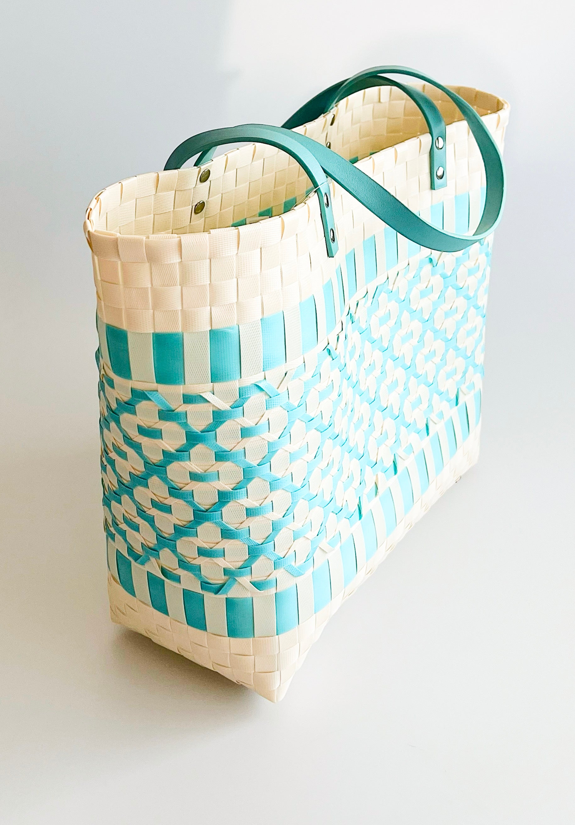 Quatrefoil Basket Weave Tote Bag - Turquoise-240 Bags-NYW-Coastal Bloom Boutique, find the trendiest versions of the popular styles and looks Located in Indialantic, FL