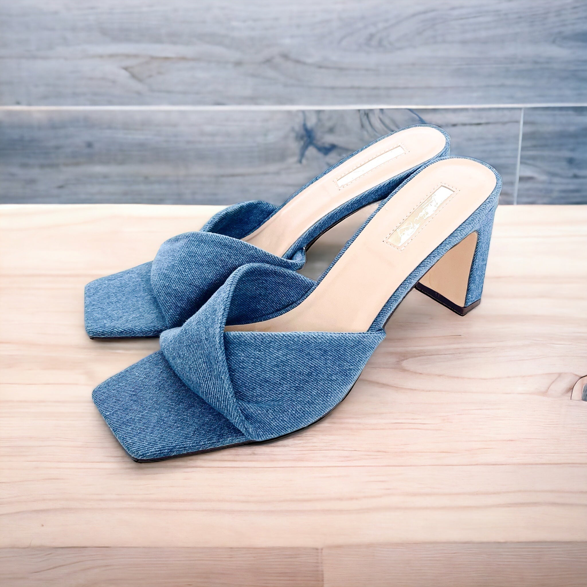 Denim block hotsell heel sandals