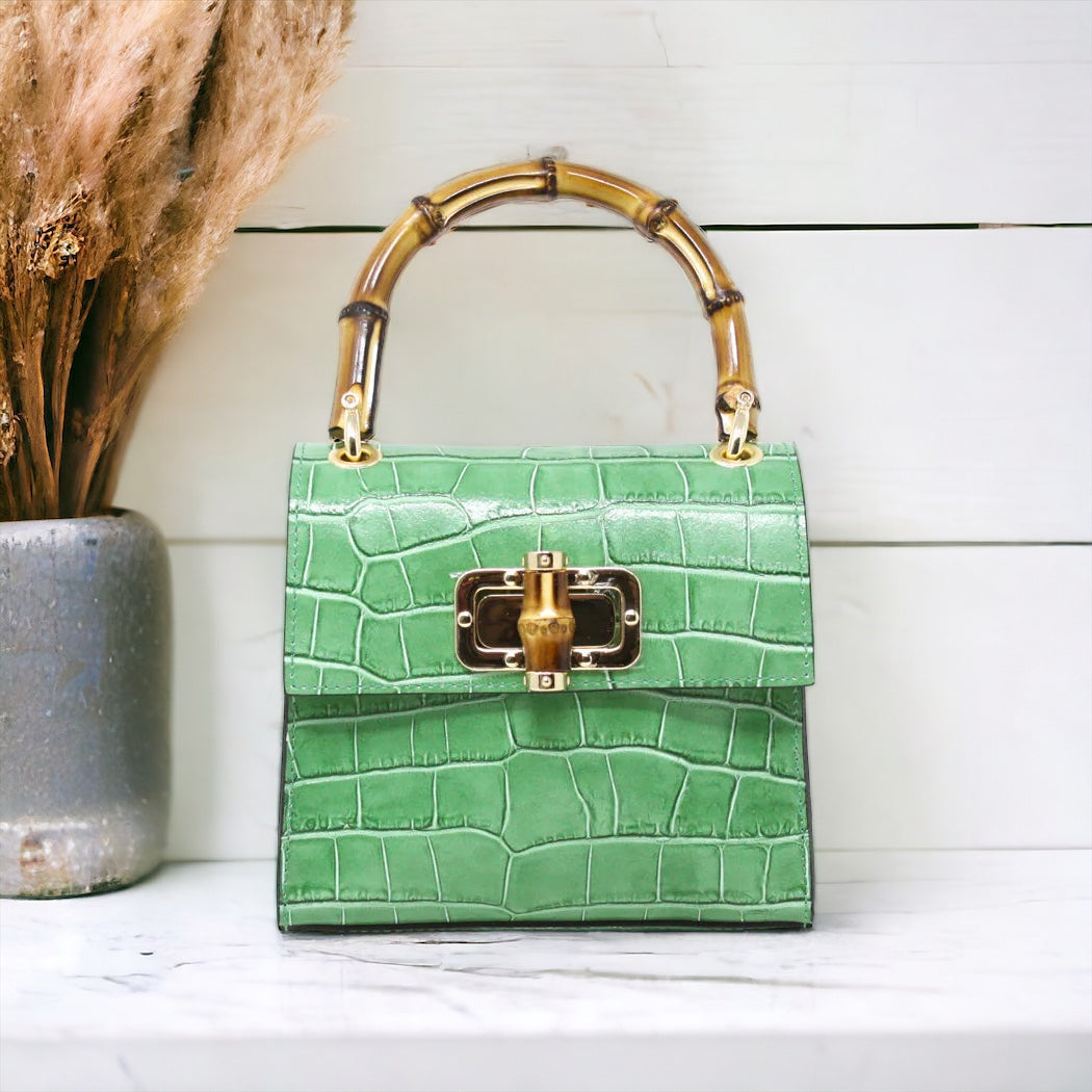 Bamboo Handle Mini Leather Bag Kelly Green Coastal Bloom