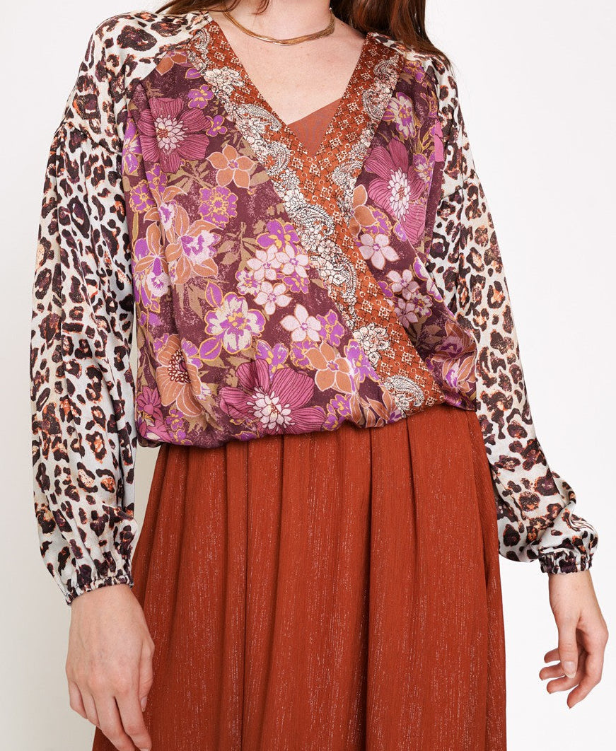 Wildflower Mirage V-Neck Blouse-110 Long Sleeve Tops-mystree-Coastal Bloom Boutique, find the trendiest versions of the popular styles and looks Located in Indialantic, FL