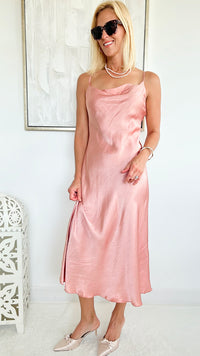 Cowl Satin Italian Dress - Pink-200 Dresses/Jumpsuits/Rompers-Tempo-Coastal Bloom Boutique, find the trendiest versions of the popular styles and looks Located in Indialantic, FL