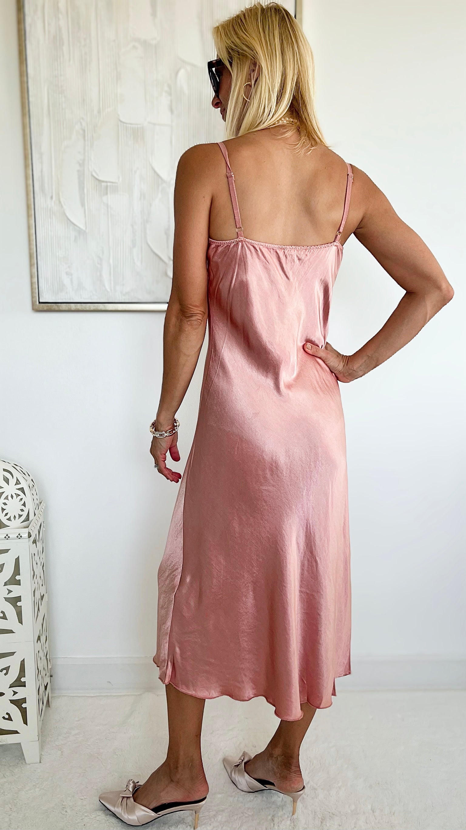 Cowl Satin Italian Dress - Pink-200 Dresses/Jumpsuits/Rompers-Tempo-Coastal Bloom Boutique, find the trendiest versions of the popular styles and looks Located in Indialantic, FL