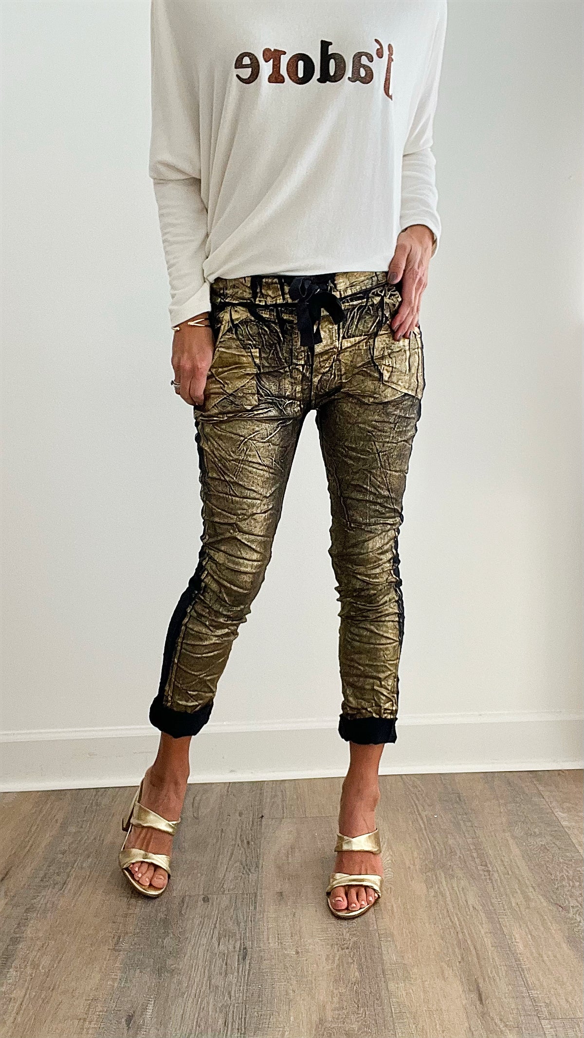 Gold Foil Italian Joggers - Navy/Gold Shimmer-180 Joggers-Look Mode-Coastal Bloom Boutique, find the trendiest versions of the popular styles and looks Located in Indialantic, FL