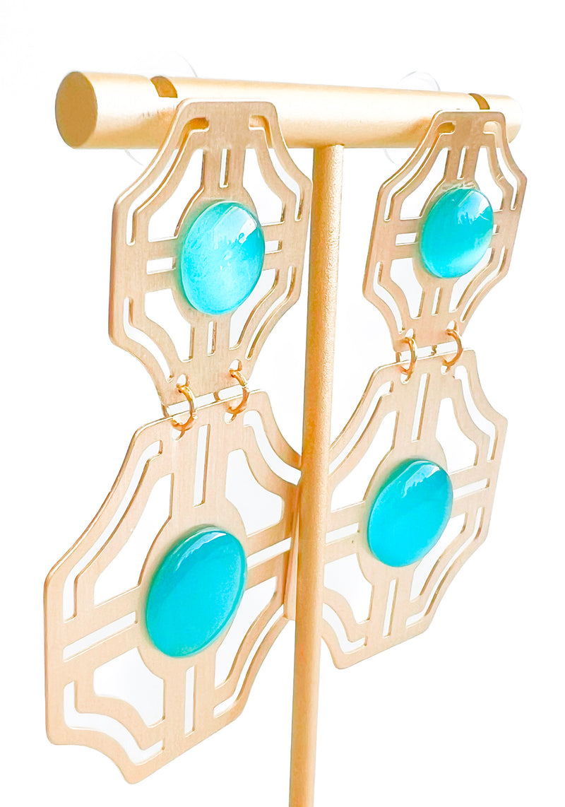 Cutout Maze Gem Earrings - Turquoise-230 Jewelry-GS JEWELRY-Coastal Bloom Boutique, find the trendiest versions of the popular styles and looks Located in Indialantic, FL