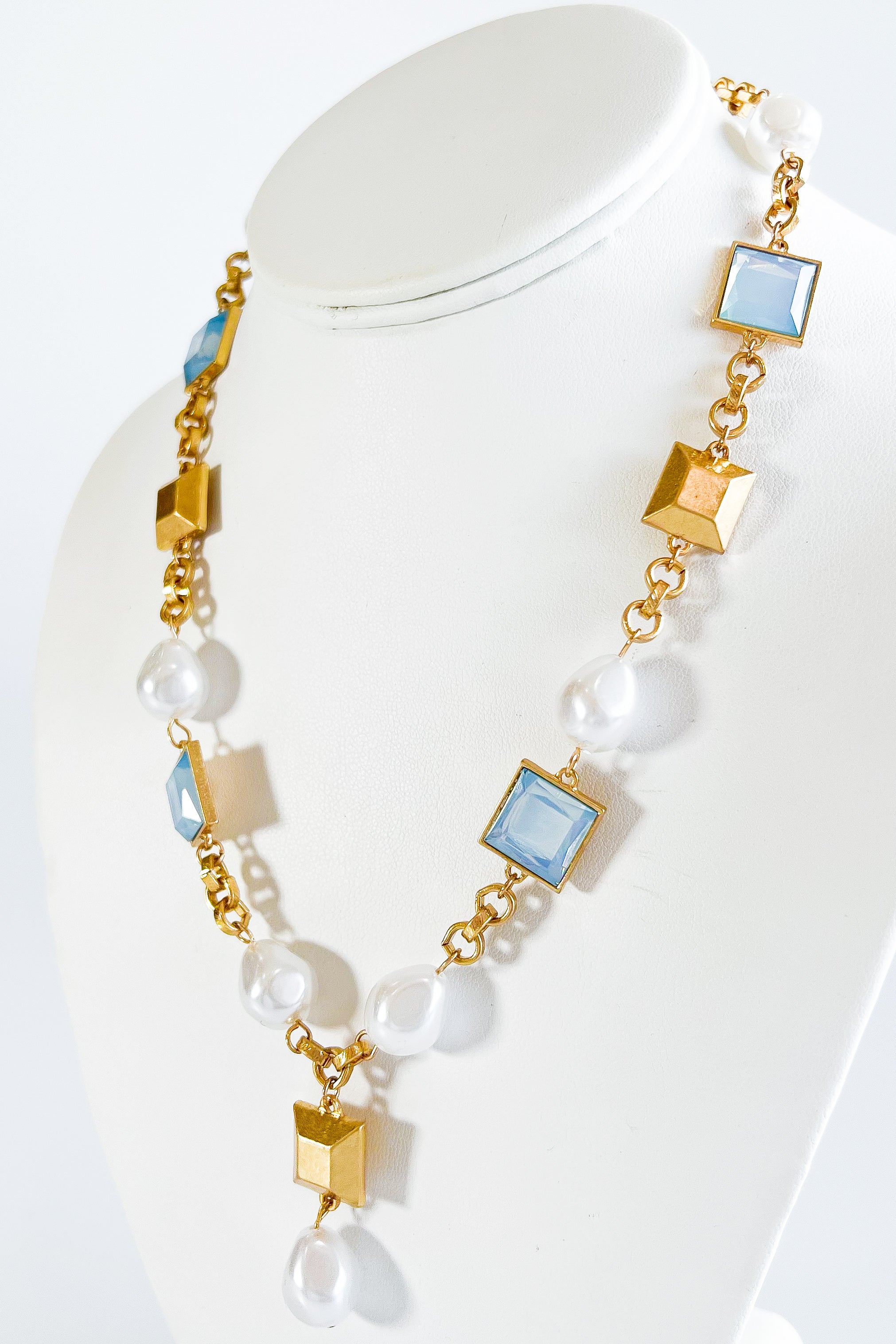 Pearl Square Link Necklace - Light Blue-230 Jewelry-Wona-Coastal Bloom Boutique, find the trendiest versions of the popular styles and looks Located in Indialantic, FL