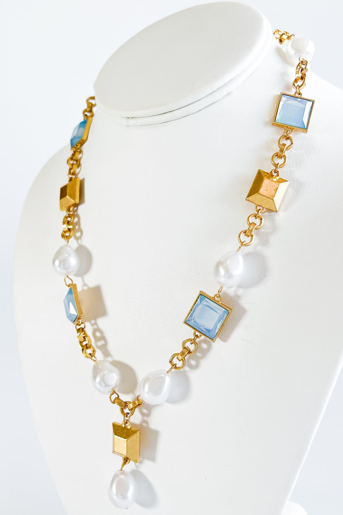 Pearl Square Link Necklace - Light Blue-230 Jewelry-Wona-Coastal Bloom Boutique, find the trendiest versions of the popular styles and looks Located in Indialantic, FL