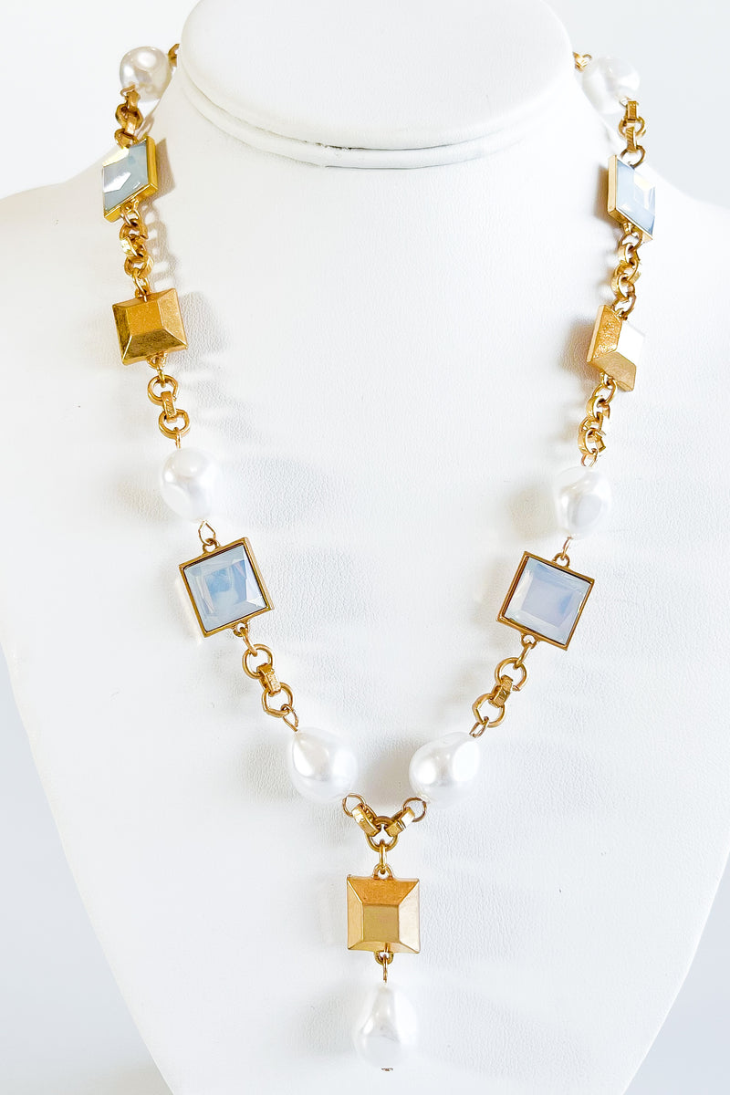 Pearl Square Link Necklace - Opal-230 Jewelry-Wona-Coastal Bloom Boutique, find the trendiest versions of the popular styles and looks Located in Indialantic, FL