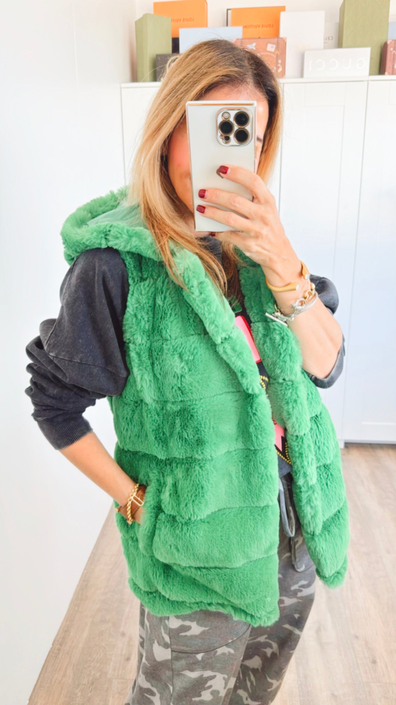 Hey Girl Faux Fur Collared Vest - Green