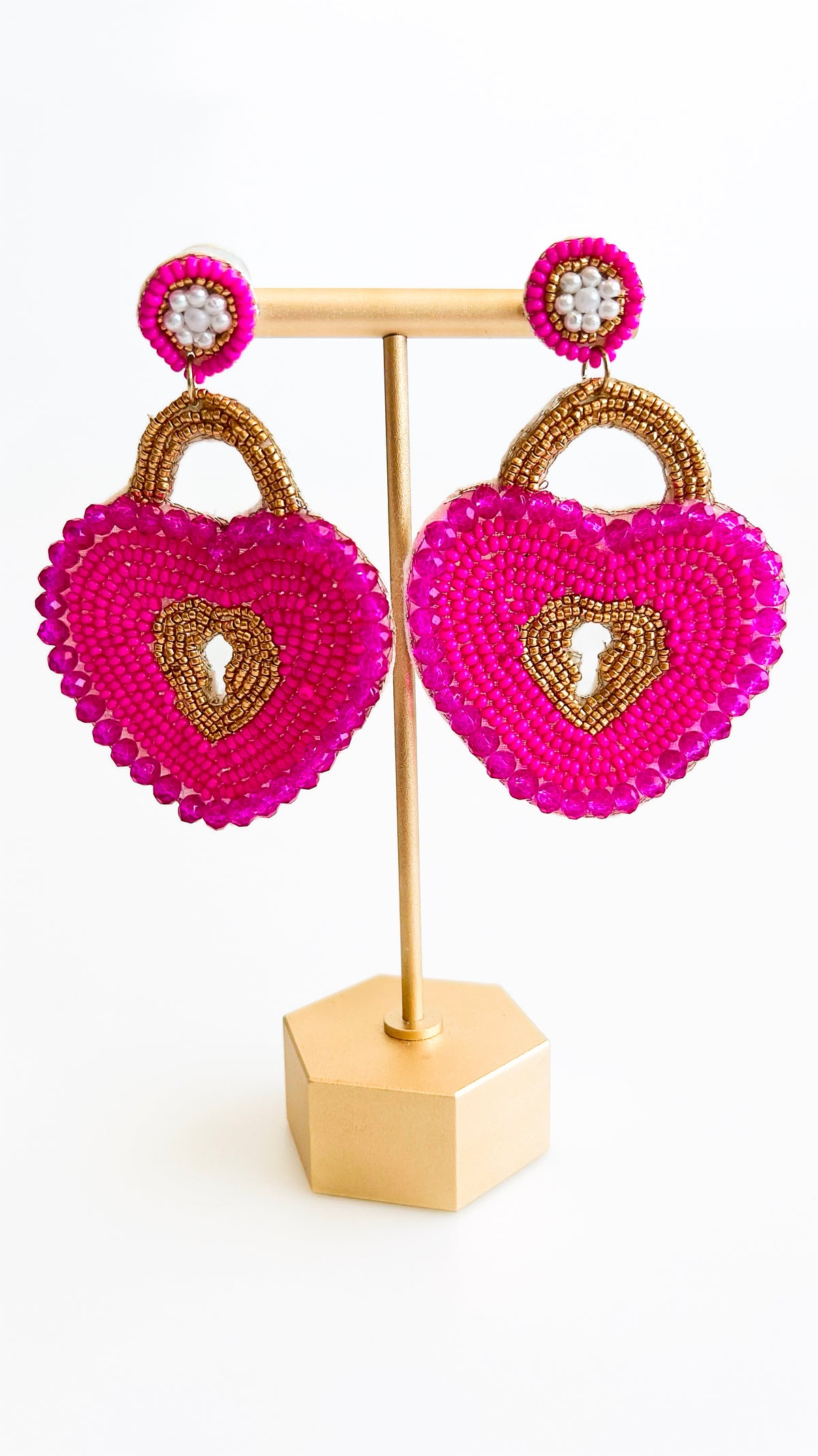 Beaded Heart Lock Earrings-Fuchsia-230 Jewelry-GS JEWELRY-Coastal Bloom Boutique, find the trendiest versions of the popular styles and looks Located in Indialantic, FL