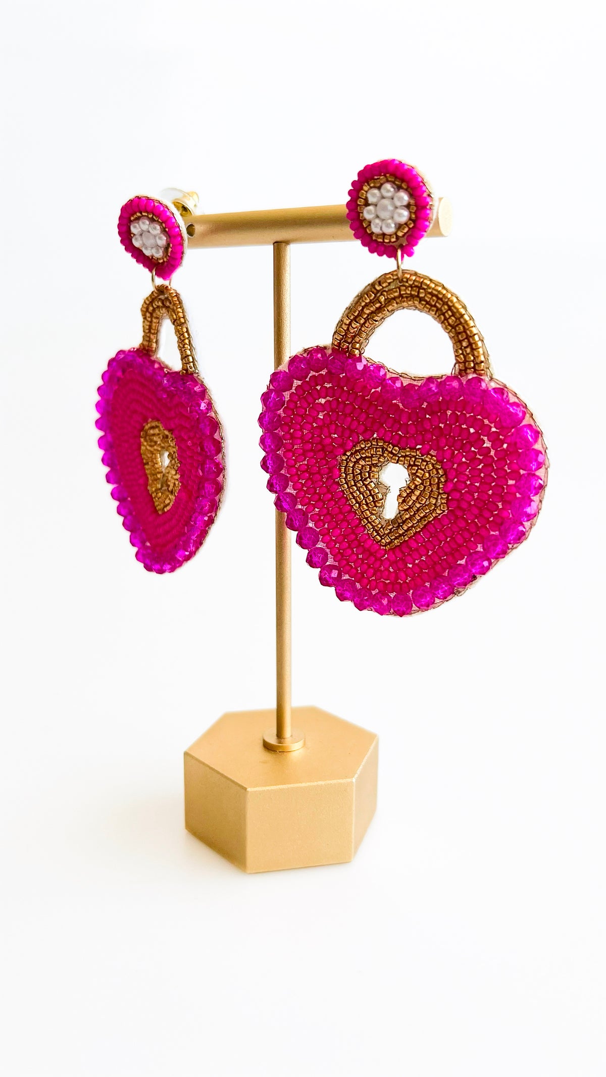 Beaded Heart Lock Earrings-Fuchsia-230 Jewelry-GS JEWELRY-Coastal Bloom Boutique, find the trendiest versions of the popular styles and looks Located in Indialantic, FL