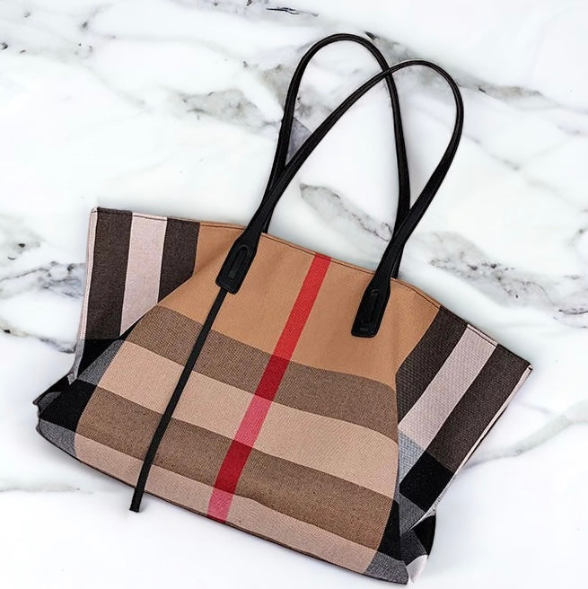 Timeless Plaid Canvas Tote Bag-Brown-240 Bags-CBALY-Coastal Bloom Boutique, find the trendiest versions of the popular styles and looks Located in Indialantic, FL