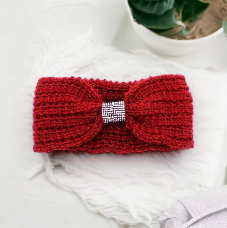 Knitted Bling Bow Crochet Twist Ear Warm Headband - Burgundy-260 Other Accessories-FASHION FANTASIA-Coastal Bloom Boutique, find the trendiest versions of the popular styles and looks Located in Indialantic, FL