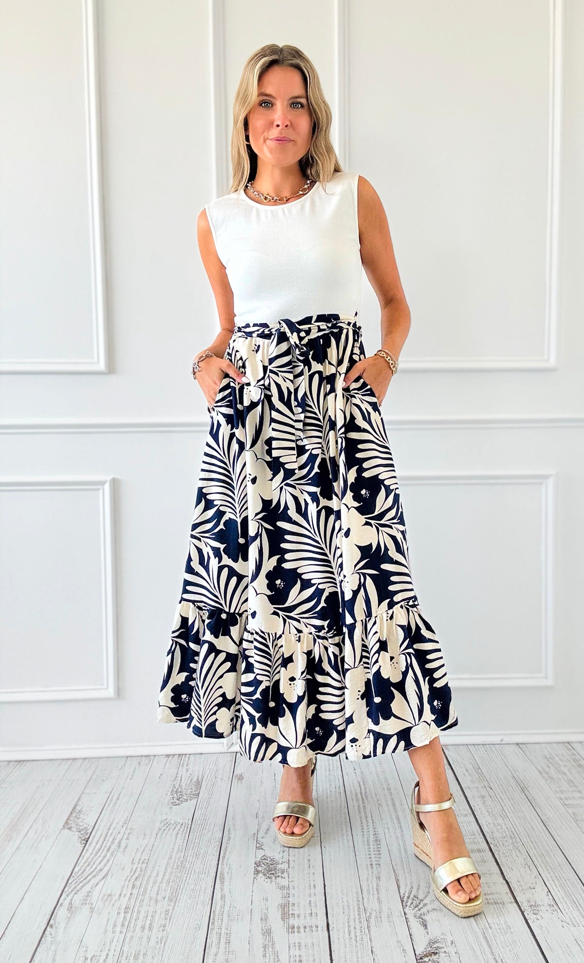 Palm Paradise Belted Midi Dress
