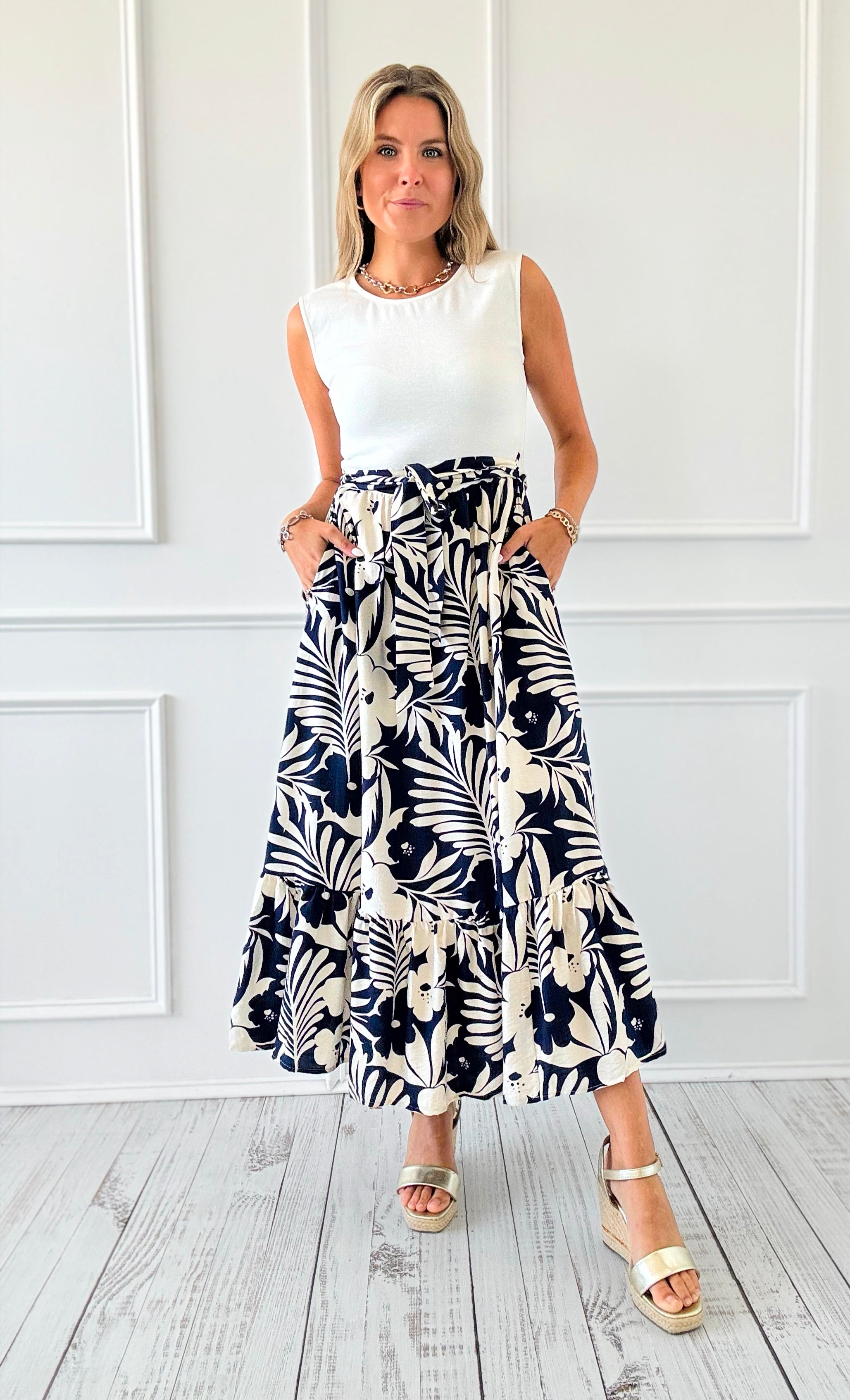 Palm Paradise Belted Midi Dress