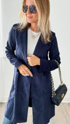 Faux Suede Mid Length Everyday Coat - Navy-160 Jackets-VENTI6 OUTLET-Coastal Bloom Boutique, find the trendiest versions of the popular styles and looks Located in Indialantic, FL
