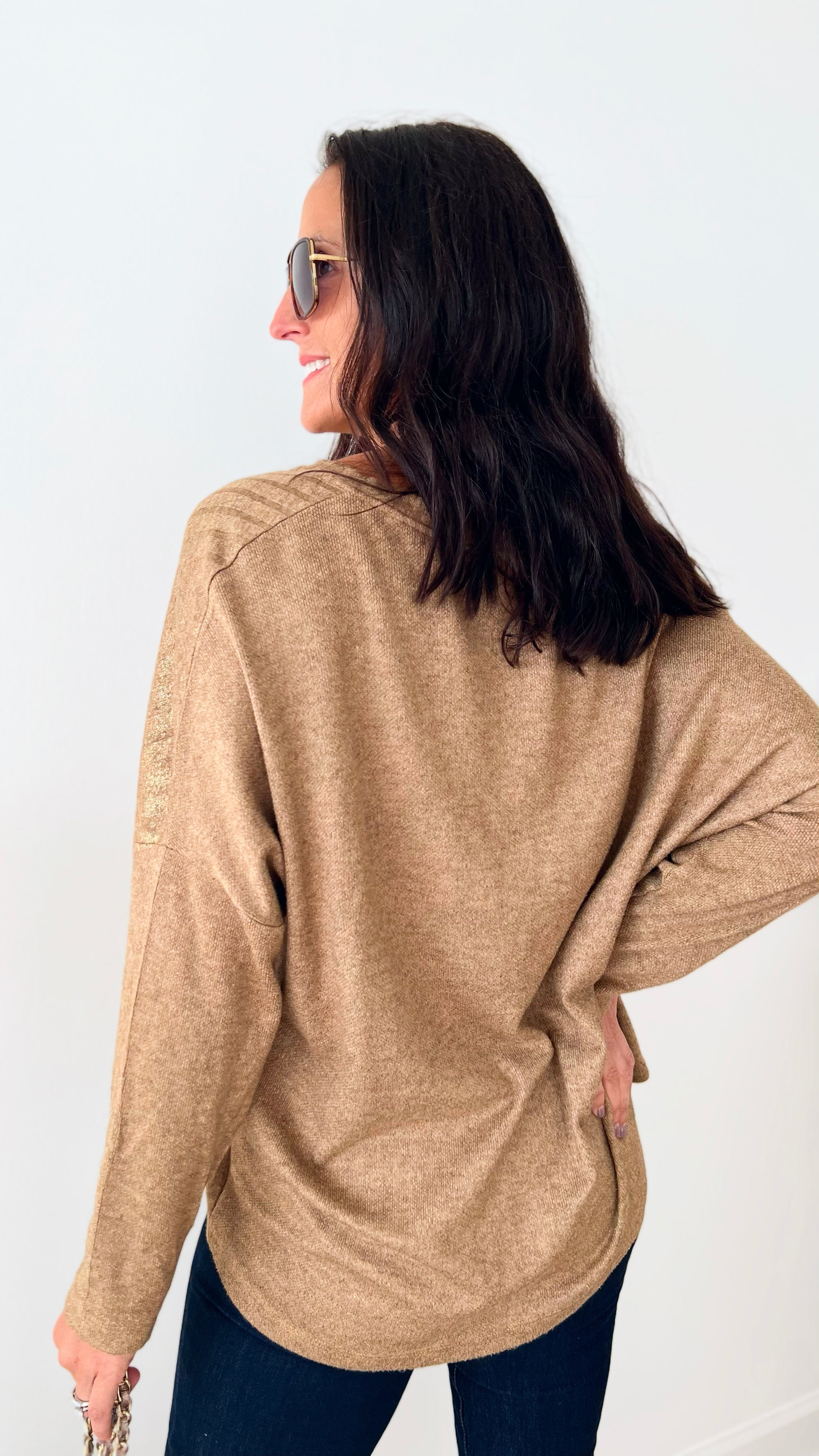Shimmer and Shine V-Neck Italian Ribbed Pullover - Camel-140 Sweaters-Germany-Coastal Bloom Boutique, find the trendiest versions of the popular styles and looks Located in Indialantic, FL