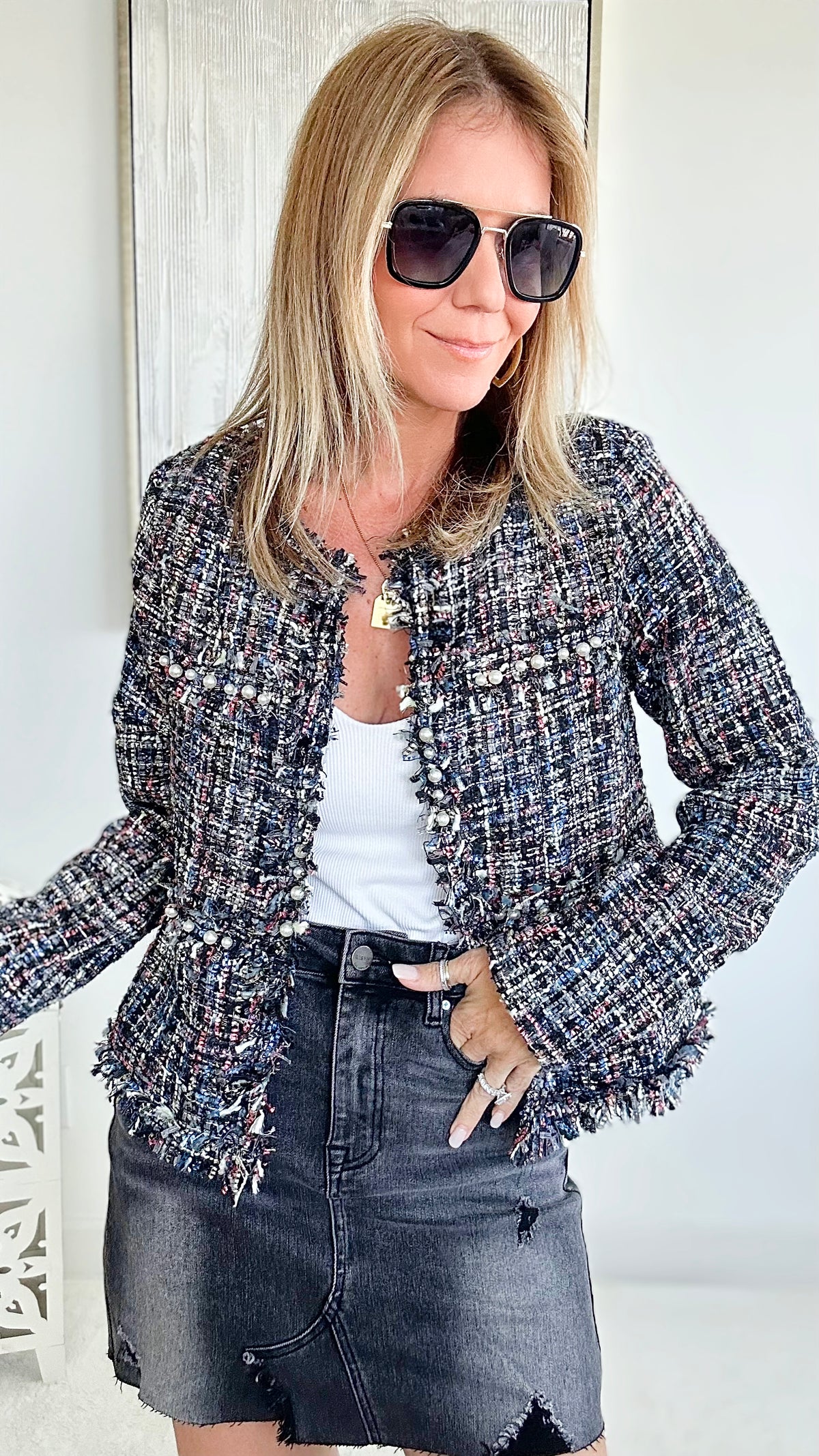 5th Ave Pearl Tweed Jacket - Black-160 Jackets-EASEL-Coastal Bloom Boutique, find the trendiest versions of the popular styles and looks Located in Indialantic, FL