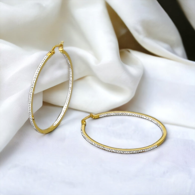 Stainless Steel CZ Double Vision Medium Hoop Earrings - Gold-230 Jewelry-US Jewelry House-Coastal Bloom Boutique, find the trendiest versions of the popular styles and looks Located in Indialantic, FL