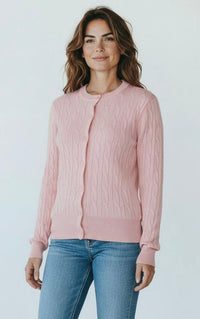 Cable Knit Crew Neck Cardigan- Dusty Pink￼