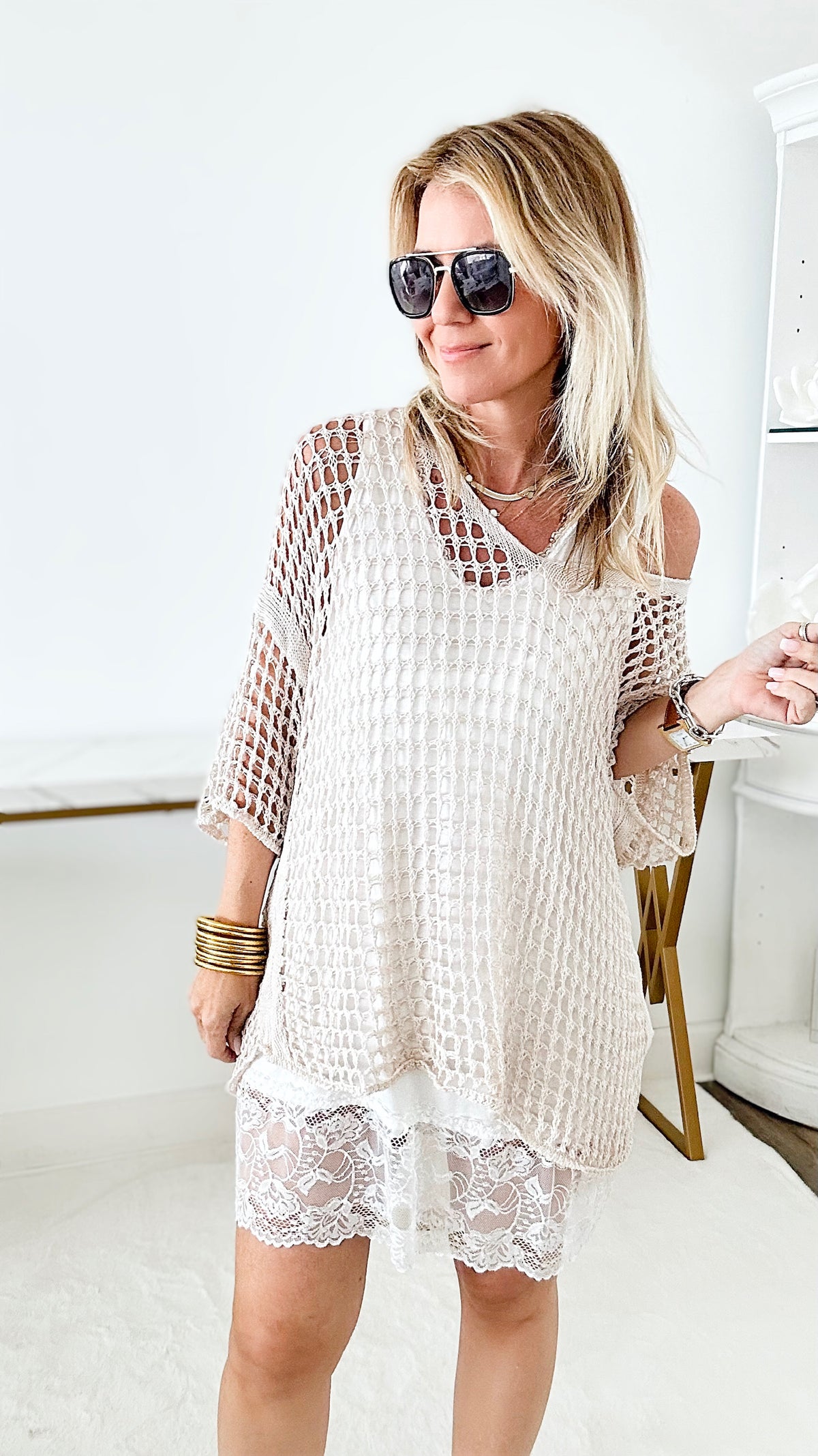 Relaxed Crochet Italian Tunic - Beige-210 Loungewear/Sets-Venti6 Outlet-Coastal Bloom Boutique, find the trendiest versions of the popular styles and looks Located in Indialantic, FL