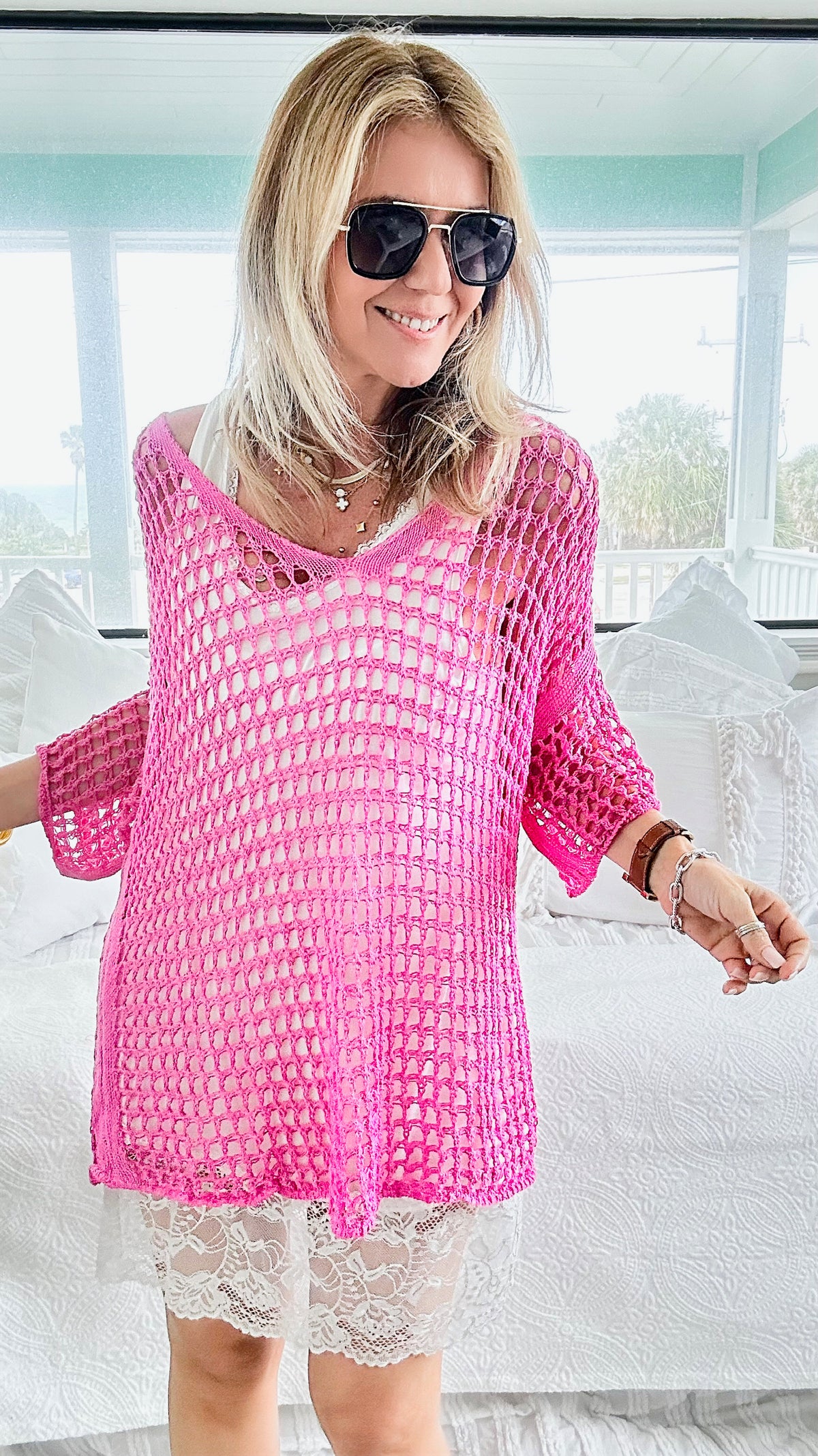Relaxed Crochet Italian Tunic - Fuchsia-200 dresses/jumpsuits/rompers-Venti6 Outlet-Coastal Bloom Boutique, find the trendiest versions of the popular styles and looks Located in Indialantic, FL
