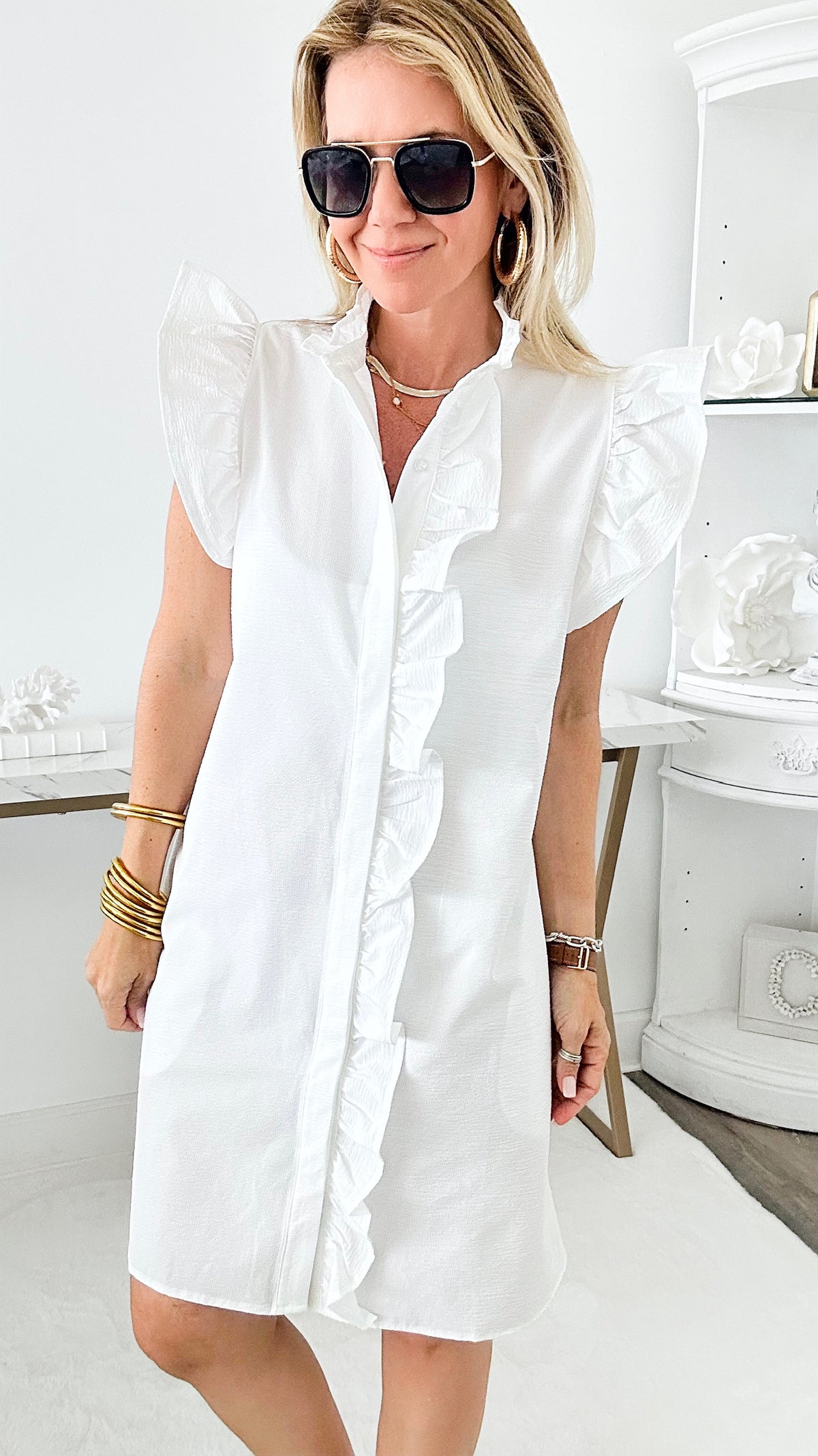 Segovia Ruffled Button Down Dress - White-200 Dresses/Jumpsuits/Rompers-MAZIK-Coastal Bloom Boutique, find the trendiest versions of the popular styles and looks Located in Indialantic, FL