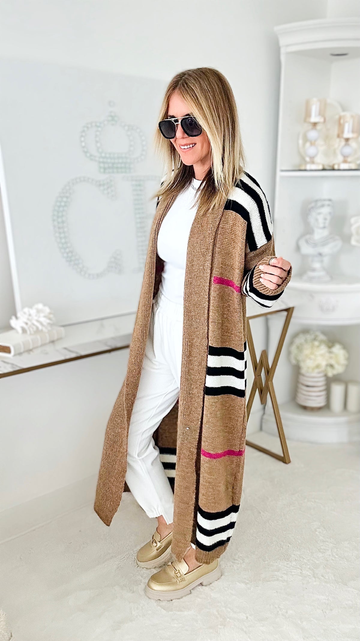 London Calling Italian Cardigan - Camel/Magenta-150 Cardigans/Layers-Yolly-Coastal Bloom Boutique, find the trendiest versions of the popular styles and looks Located in Indialantic, FL