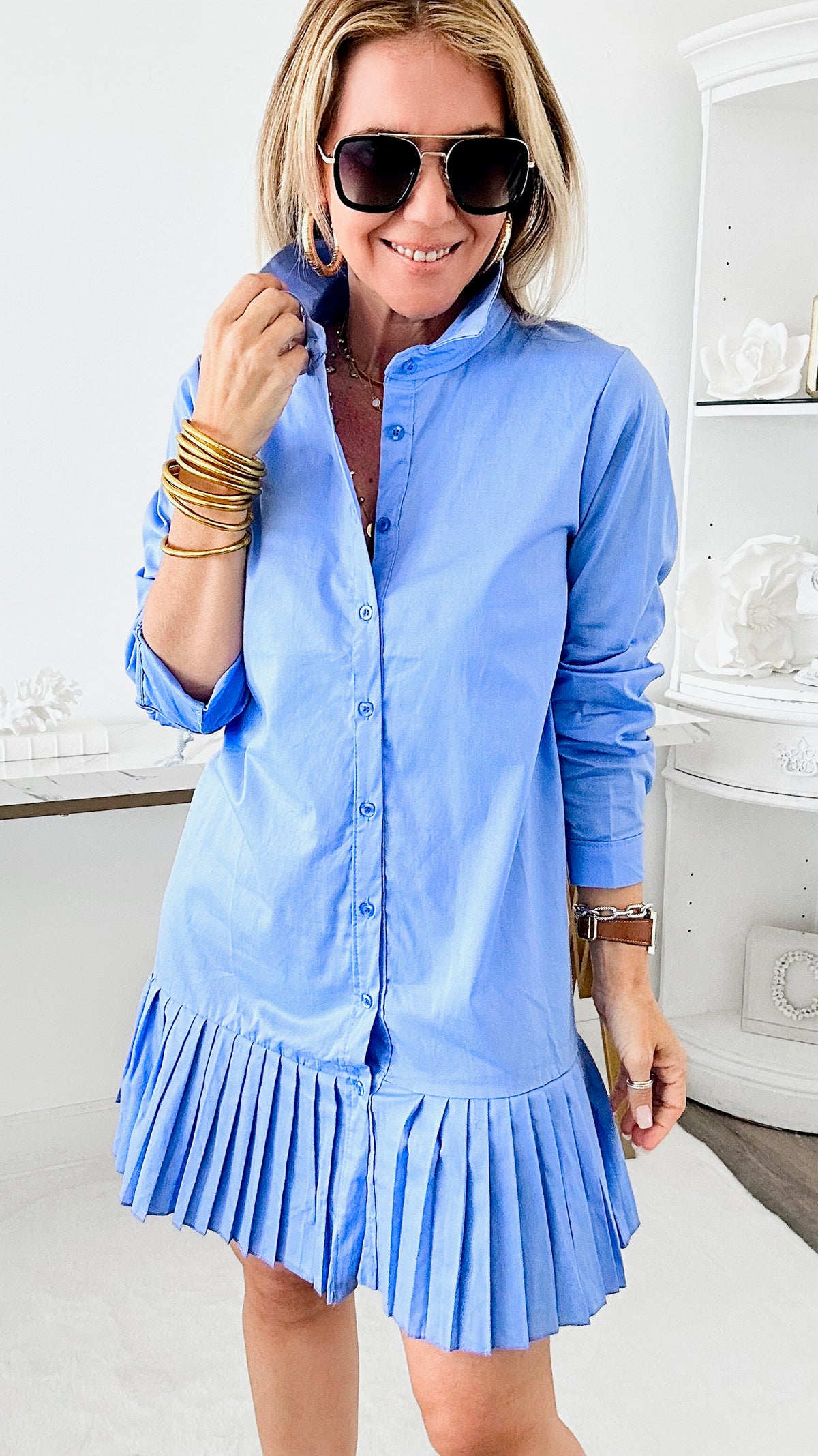 Pleated Button Down Dress - Sky Blue-200 dresses/jumpsuits/rompers-Venti6 Outlet-Coastal Bloom Boutique, find the trendiest versions of the popular styles and looks Located in Indialantic, FL