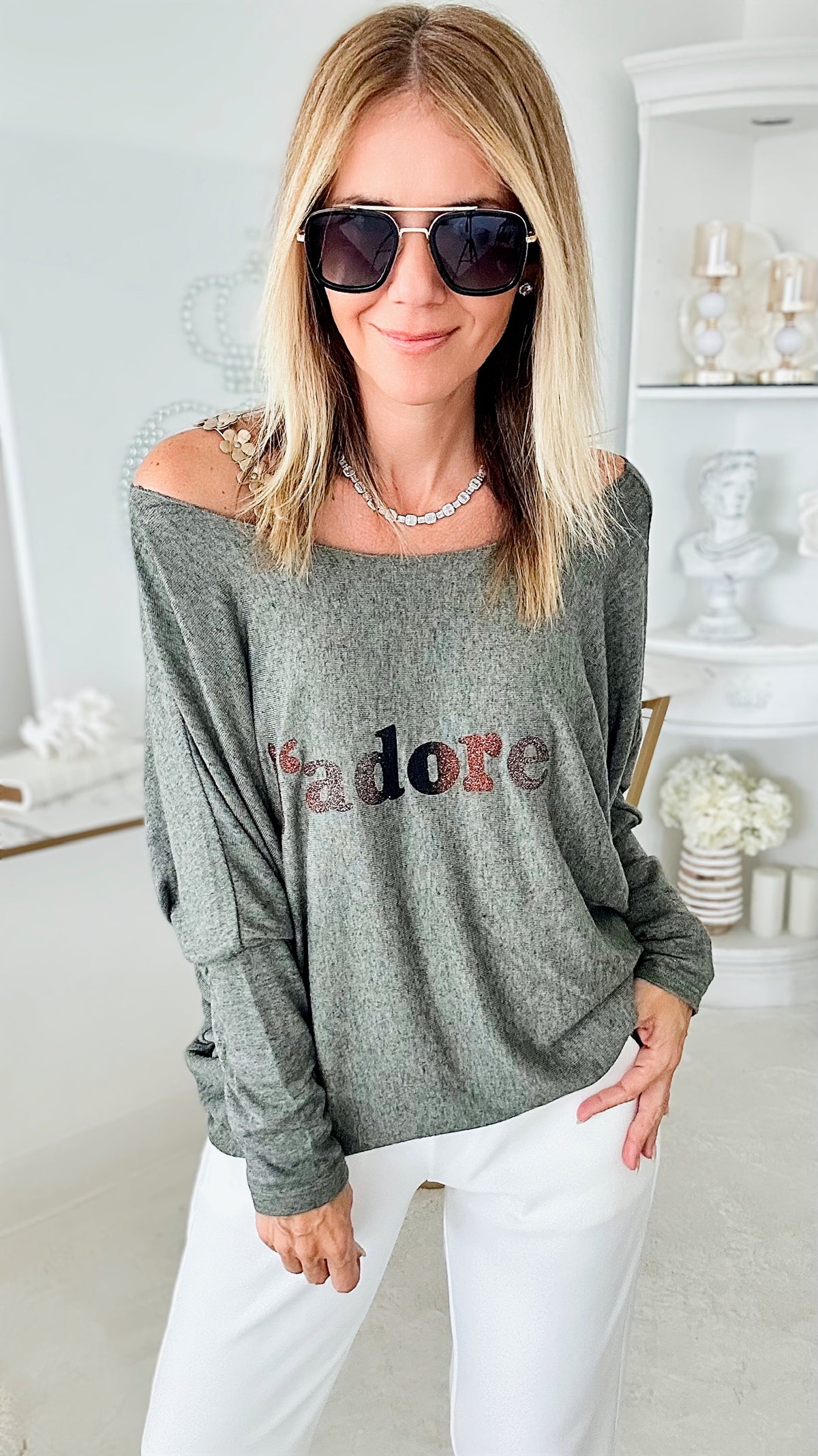 Italian J'adore Long Sleeve Pullover - Olive-130 Long Sleeve Tops-Yolly-Coastal Bloom Boutique, find the trendiest versions of the popular styles and looks Located in Indialantic, FL