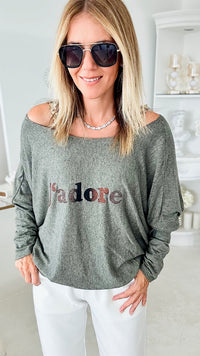Italian J'adore Long Sleeve Pullover - Olive-130 Long Sleeve Tops-Germany-Coastal Bloom Boutique, find the trendiest versions of the popular styles and looks Located in Indialantic, FL