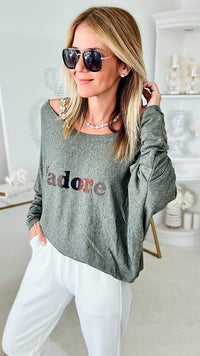 Italian J'adore Long Sleeve Pullover - Olive-130 Long Sleeve Tops-Germany-Coastal Bloom Boutique, find the trendiest versions of the popular styles and looks Located in Indialantic, FL