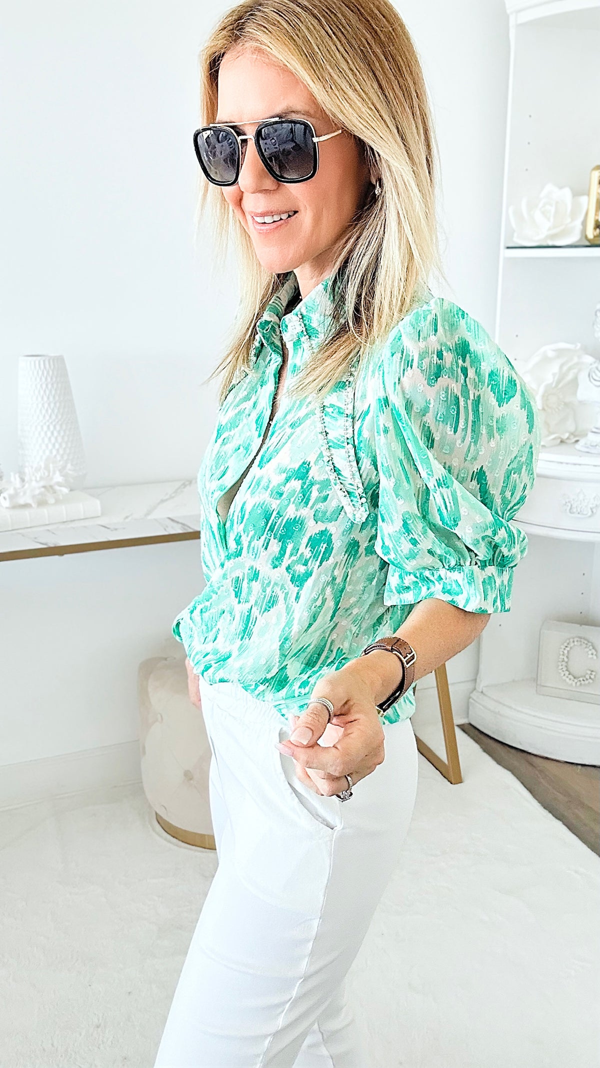 Lagoon Embellished Blouse - Green-110 Short Sleeve Tops-La' Ros-Coastal Bloom Boutique, find the trendiest versions of the popular styles and looks Located in Indialantic, FL