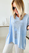 Half Skull Bling Italian T Shirt- Sky Blue-130 Long Sleeve Tops-Venti6 Outlet-Coastal Bloom Boutique, find the trendiest versions of the popular styles and looks Located in Indialantic, FL