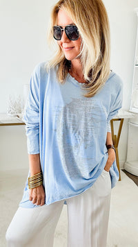 Half Skull Bling Italian T Shirt- Sky Blue-130 Long Sleeve Tops-Venti6 Outlet-Coastal Bloom Boutique, find the trendiest versions of the popular styles and looks Located in Indialantic, FL