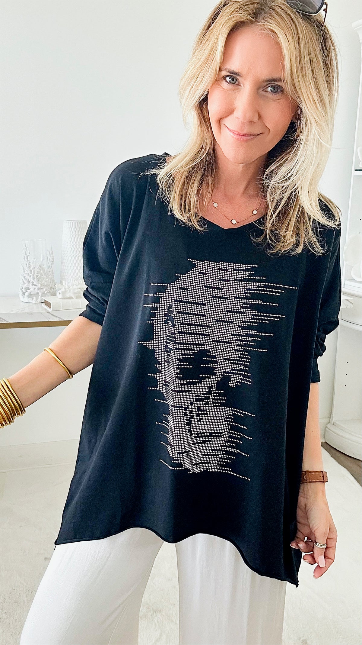 Half Skull Bling Italian T Shirt - Black-130 Long Sleeve Tops-Venti6 Outlet-Coastal Bloom Boutique, find the trendiest versions of the popular styles and looks Located in Indialantic, FL