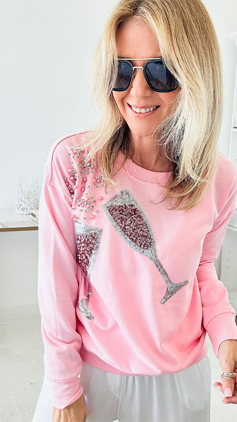 Sequin Champagne Sweatshirt - Pink-130 Long Sleeve Tops-Why Dress-Coastal Bloom Boutique, find the trendiest versions of the popular styles and looks Located in Indialantic, FL