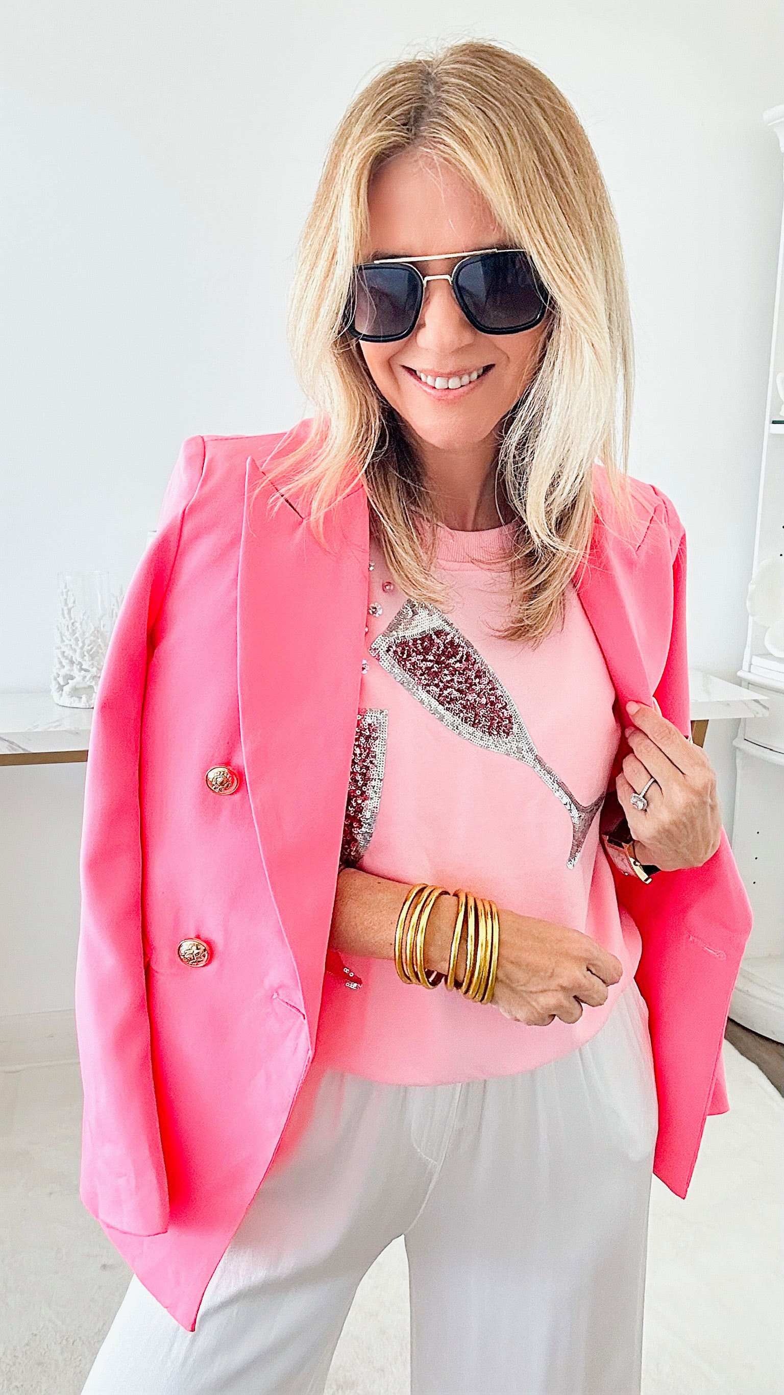 Sequin Champagne Sweatshirt - Pink-130 Long Sleeve Tops-Why Dress-Coastal Bloom Boutique, find the trendiest versions of the popular styles and looks Located in Indialantic, FL