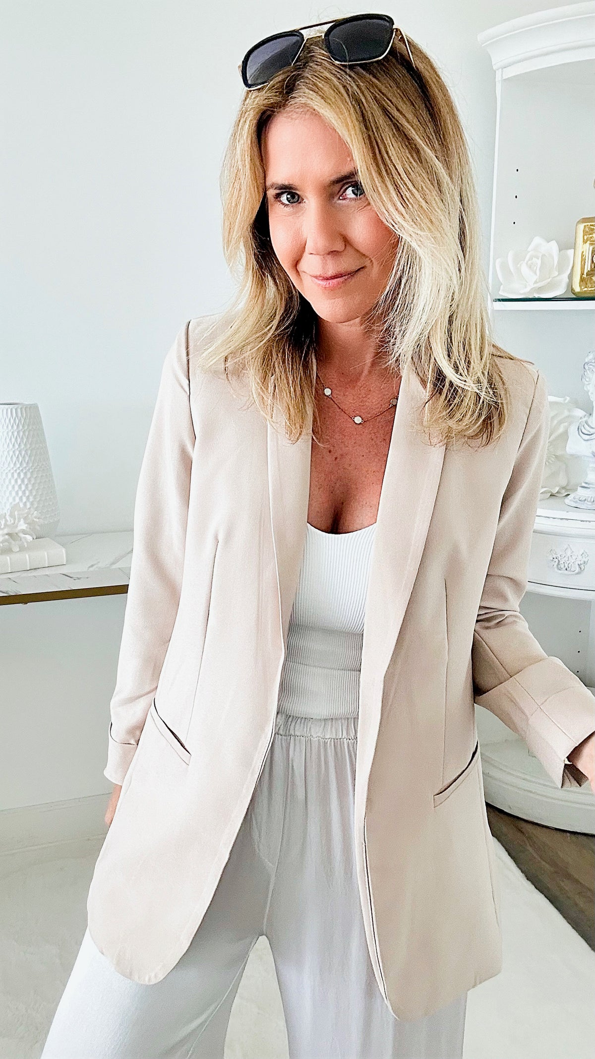 Woven Vertigo Blazer - Beige-160 Jackets-Love Tree Fashion-Coastal Bloom Boutique, find the trendiest versions of the popular styles and looks Located in Indialantic, FL